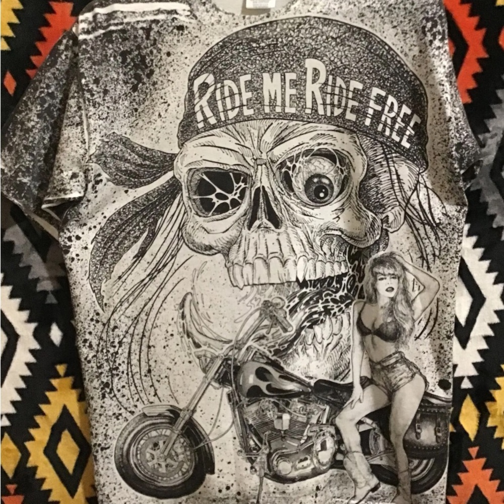Vintage 90's Ride Me Ride Free Pin-Up AOP Tee L Made in USA